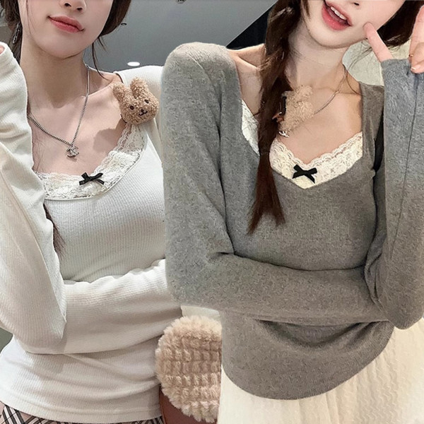 여성 브이넥 레이스 가을 겨울 예쁜 니트 티