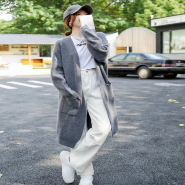 데일리 오픈 포켓 롱 가디건 그레이