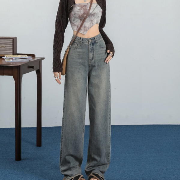 워싱 와이드 스트레이트핏 데님 팬츠