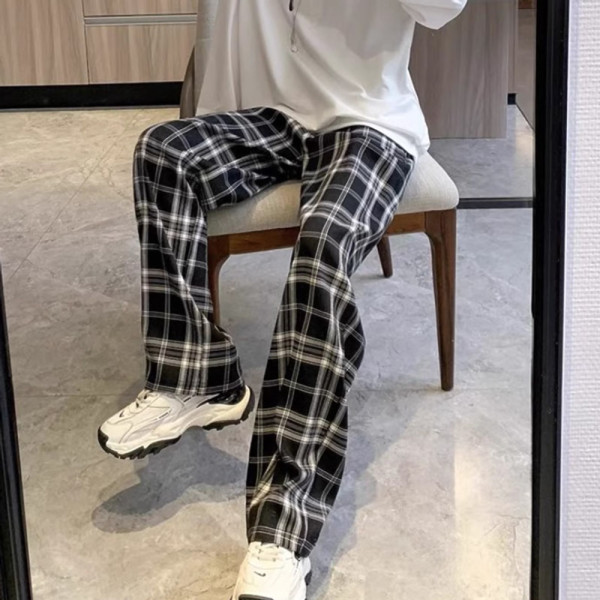 겨울 방한 기모 양털 체크무늬 바지 와이드형