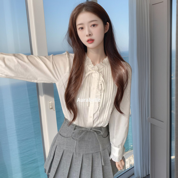 아우라벨르 화이트 레이스 프릴러플 셔링 리본핀턱 블라우스 브라렛가디건 심리스니트티티셔츠