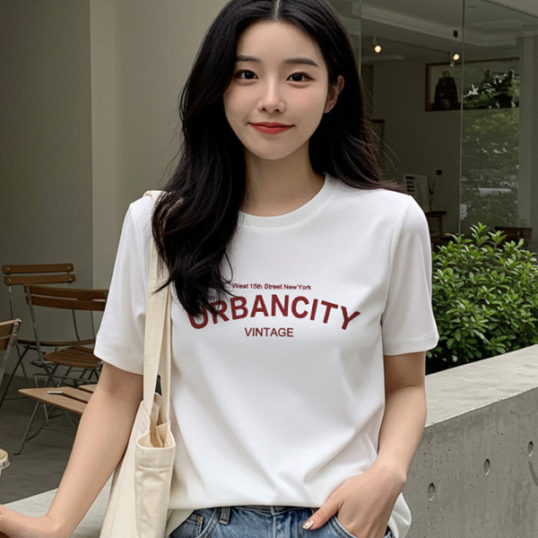 여자 여름 레터링 기본 반팔 라운드 티셔츠 화이트
