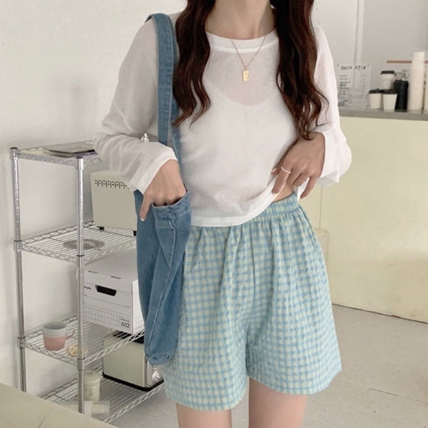 여성체크캐주얼팬츠 캐주얼숏팬츠(체크블루)