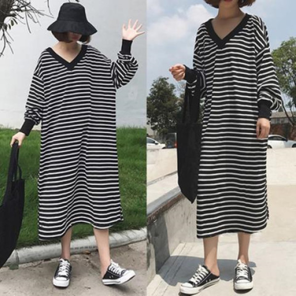 F0498 V넥 루즈 스트라입 니트 롱 원피스 단가라