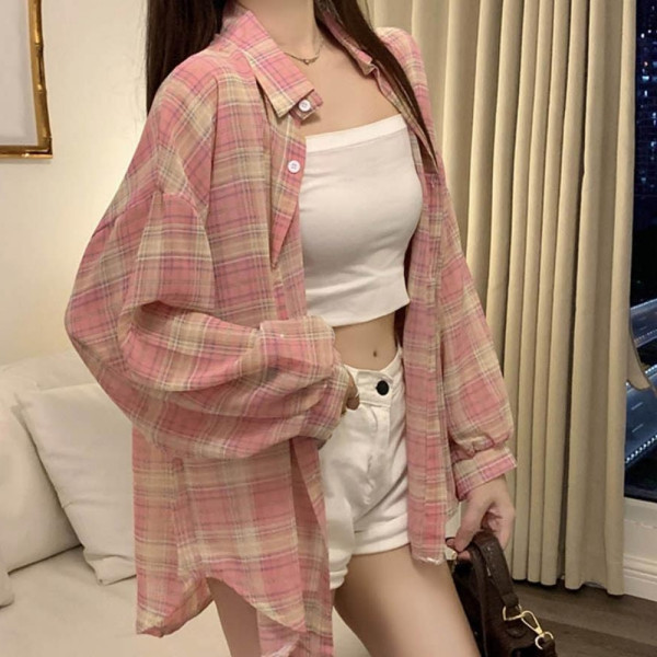 잔솔 여름 체크 남방 긴팔 셔츠 시스루 여성 블라우스