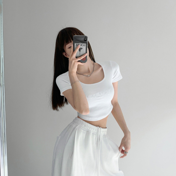 스퀘어 넥 탑 크롭 반팔 티셔츠(2color)