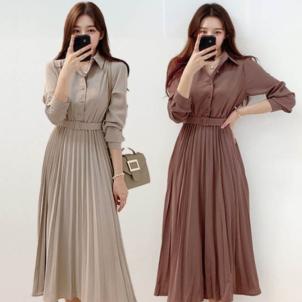 허리벨트 원피스 하객 패션 플리츠 카라 단추 생동감있는 느낌 우아하고 여성스러운 스타일