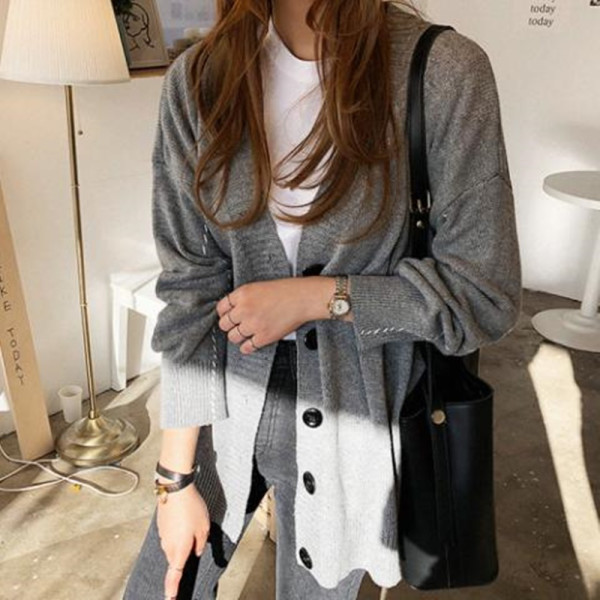 G93600/소매 줄 포인트 루즈핏 가디건/빅사이즈가능