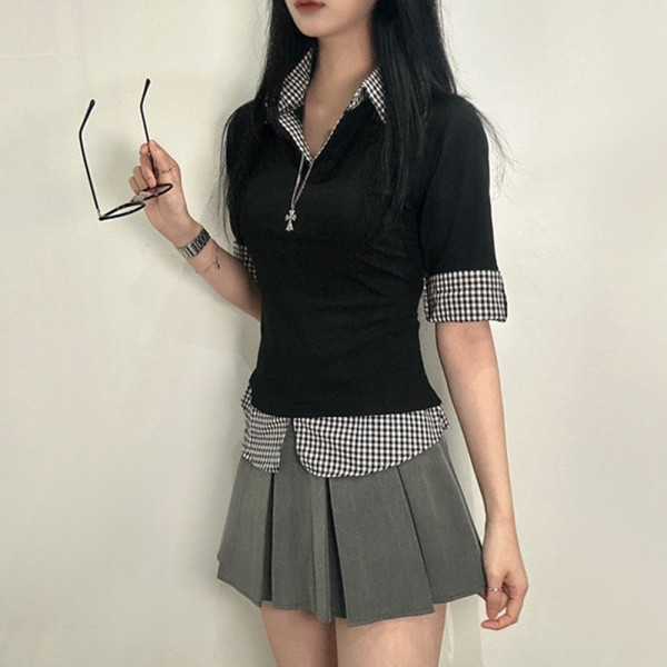 긱시크 룩 체크 포인트 반팔 카라 셔츠 티 셔츠일체형 티셔츠 반팔티 5부 롤업 T125
