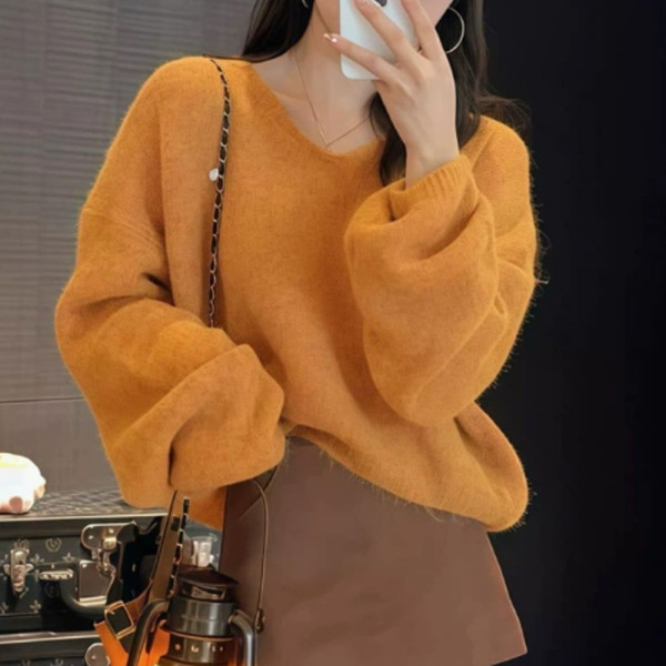 여성 간절기 기본 예쁜 봄 니트 긴팔 티 오렌지