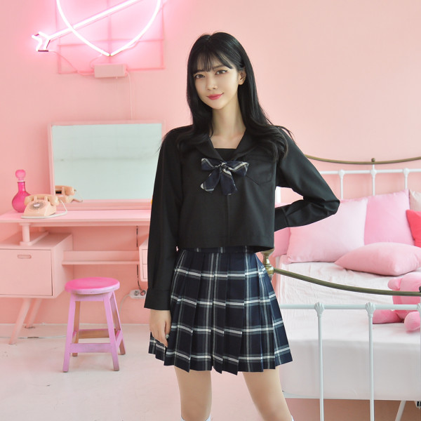교복몰 차분한 네이비체크 블랙 세라복세트(긴팔)