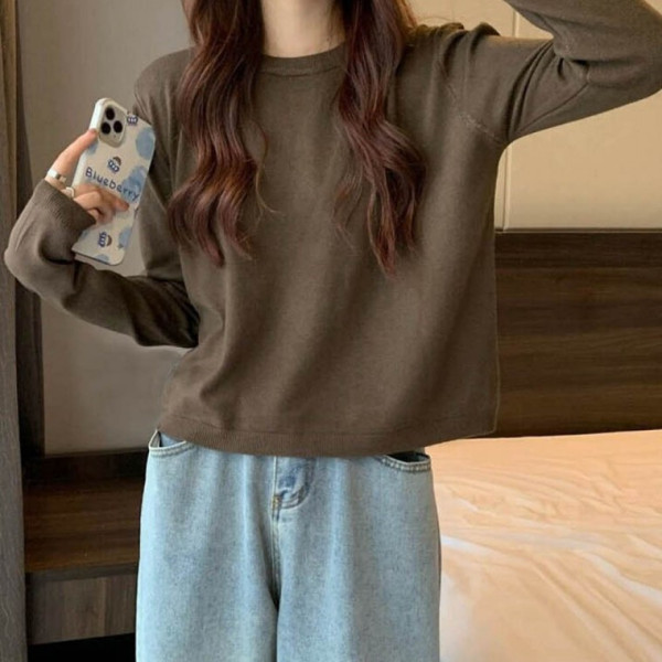 캐주얼 소프트 라운드넥 긴팔 여성 가을 니트 티셔츠 데일리 부드러운 코디 편한