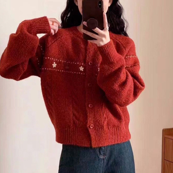 여성 라운드 넥 가을 겨울 꽃 자수 가디건 레드