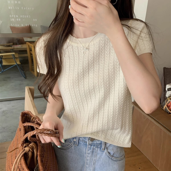 MFNC060226 - 썸머 쿨 비스코스 펀칭 라운드 반팔 니트