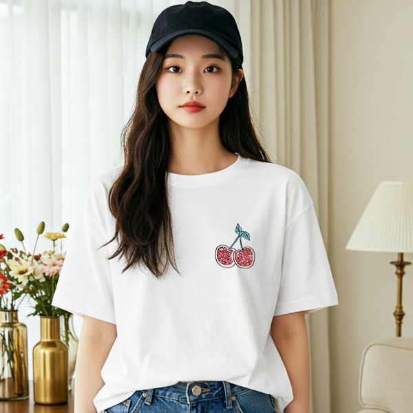 여자 여름 체리 프린팅 면 반팔 티셔츠 여성 흰 티