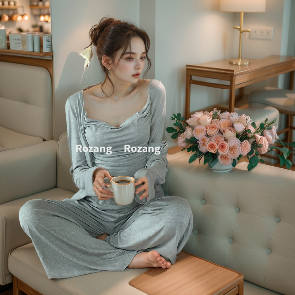 로즈앙 그레이회색 모달 홈웨어 잠옷3P세트 수면커플팬츠극세사 브라탑 오프숄더 나시