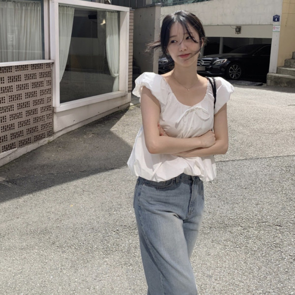 MFNC060228 - 러블리 퍼프소매 리본 쉬폰 블라우스