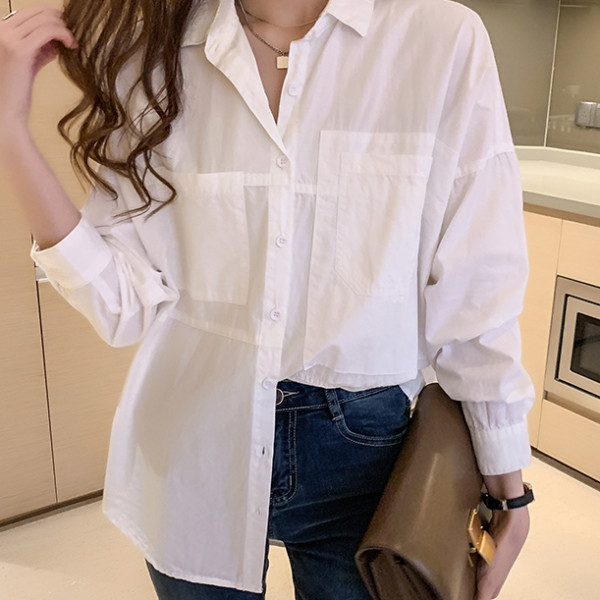F757831 루즈핏 주머니 화이트 셔츠 블라우스 남방