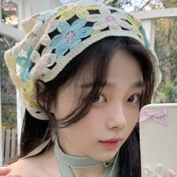 빈티지 무드 뜨개 헤어 커치프 여성스러운 플라워 헤어스카프 해변 산책 사계절 활용 장신구
