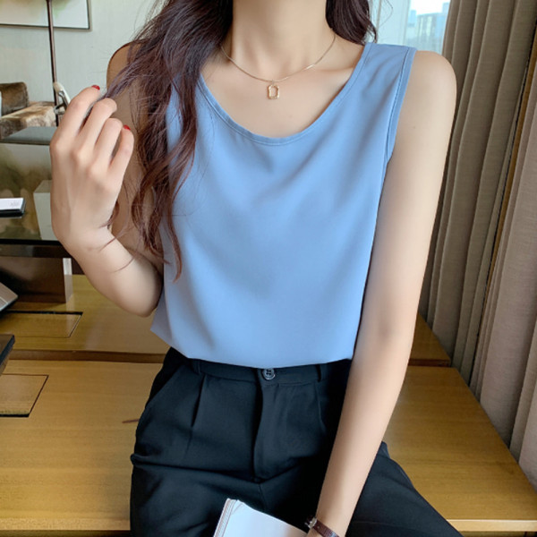 여성 여름 민소매 이너 나시 티 슬리브리스 블루