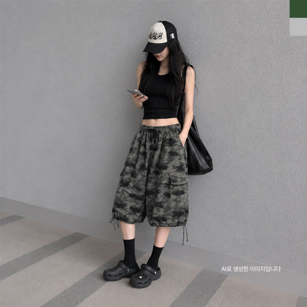 AGG 1015W 여자 카모 밀리터리 스트링 카고 버뮤다 밴딩 팬츠