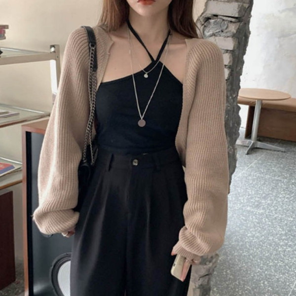 울 니트 볼레로 소프트 간절기 여성 크롭 가디건 사무실용 팔뚝살 커버 롱다리 착시