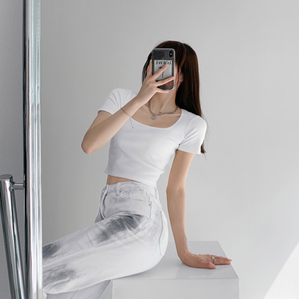 슬림 스퀘어 크롭 반팔 티셔츠