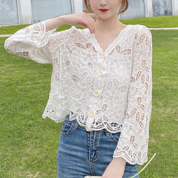 여성 여름 봄 뜨개 크로셰 니트 긴팔 가디건 화이트