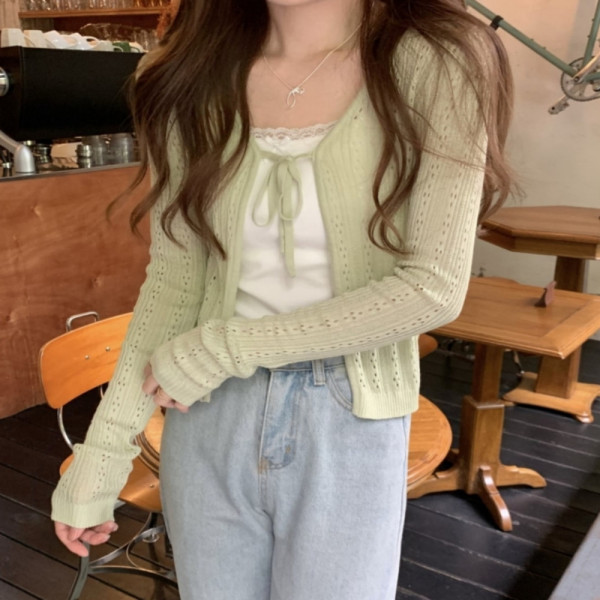 레이어드 펀칭포인트 가디건 그린