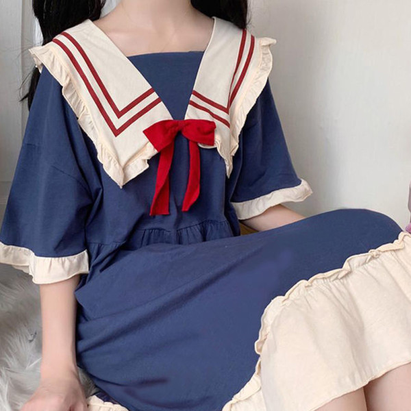여성 예쁜 반팔 파마자 귀여운 잠옷 블루 원피스