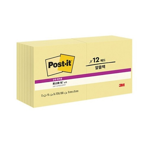 3M 포스트잇 일반 654 12SSCY 노랑 12패드 점착식메모지 76 76 12