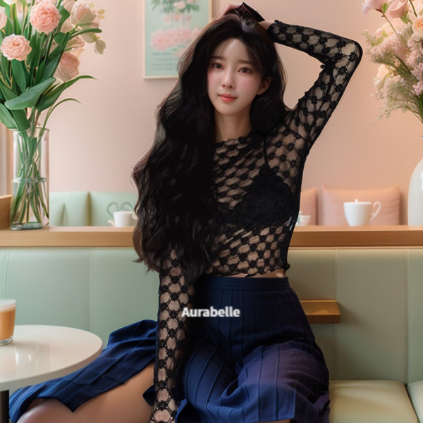 아우라벨르 3색상1세트 꽃자수 레이스 레이어드 탑티셔츠 슬림핏 메쉬체크무늬 원피스