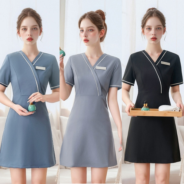 랩스타일 화이트 파이핑 A라인 유니폼 원피스 3컬러