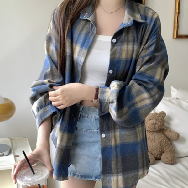 여성 봄 가을 체크 셔츠 긴팔 남방 블루