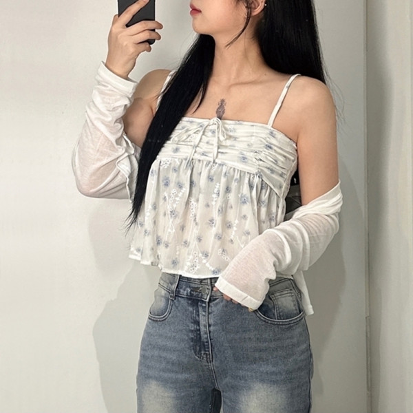 플라워 셔링 나시 가디건 SET 세트 리본 꽃 프릴 블라우스 끈나시 뷔스티에 T95