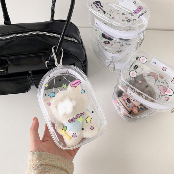 PVC 투명 파우치 10cm 인형 가방 키링 네잎클로버 별 프린팅