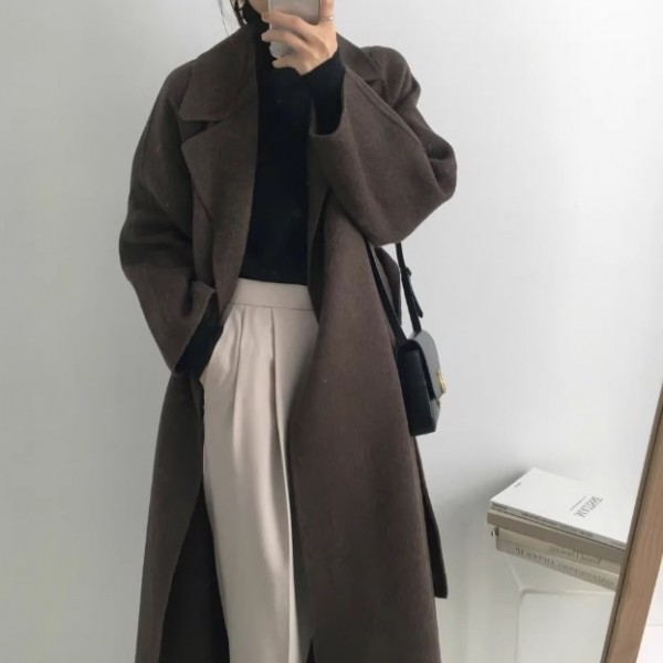 모직 여자 무지 윈터 겨울 클래식한 디자인 카라 허리끈 여성 모직 롱코트 패미닌 무드
