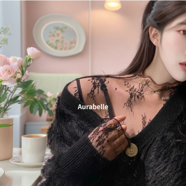 아우라벨르 꽃부케 블랙 레이스블라우스 레이어드이너 해변휴양지룩 원피스블라우스 모노키니