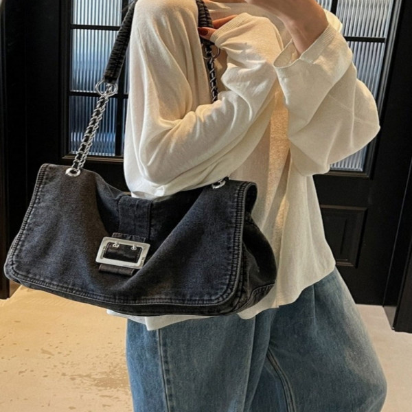 힙한 캐주얼 데님 숄더백 블랙