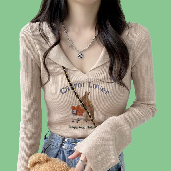 여성 카라 브이넥 니트 티 봄 가을 긴팔 티셔츠 beige