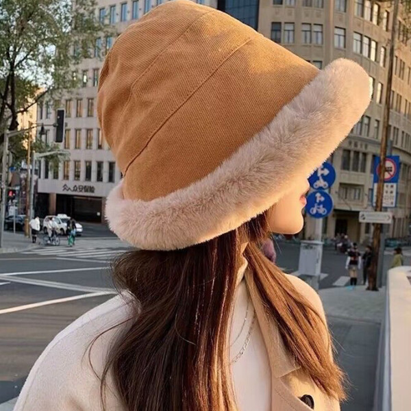 여성 골덴 퍼 버킷 햇 벙거지 겨울 털 모자 브라운