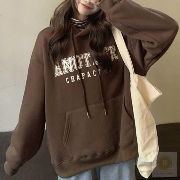 여성 긴팔 레터링 기모 맨투맨 후드 티 셔츠 브라운