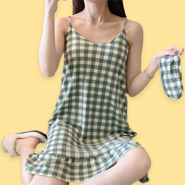 여성 브라 캡 내장 원피스 여름 잠옷 홈웨어 체크그린